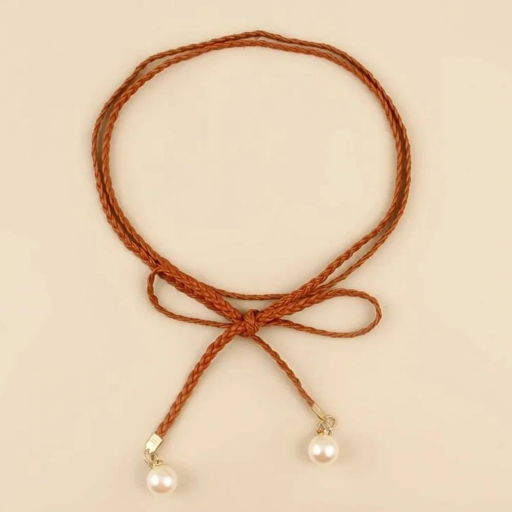 NEW| Women’s Elegant Faux Pearl Braided Vintage Style Skinny Belt PU Leather